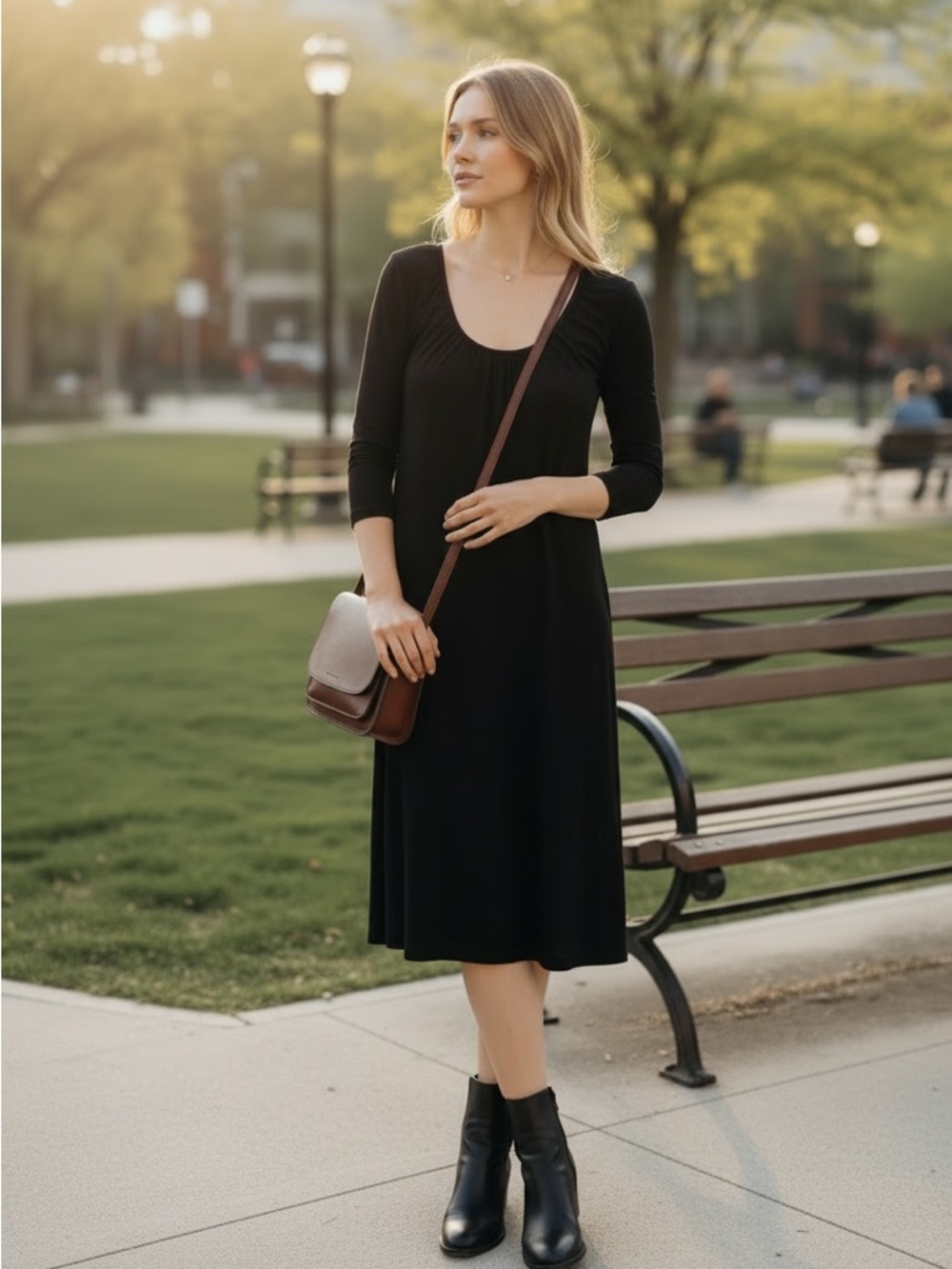 Neiman Marcus Black Scoop-Neck Midi Dress with Three-Quarter Sleeves